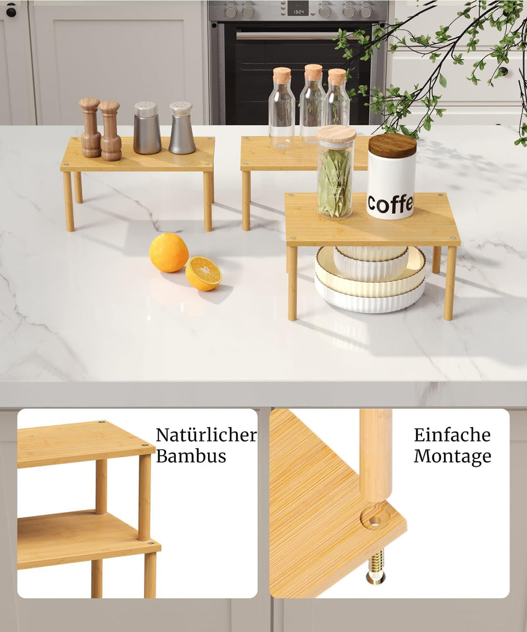 Fibogollo Bambus Schrank Organizer Ablage 3er Set, stapelbares Gewürzregal Mittel Natur Braun Mittel