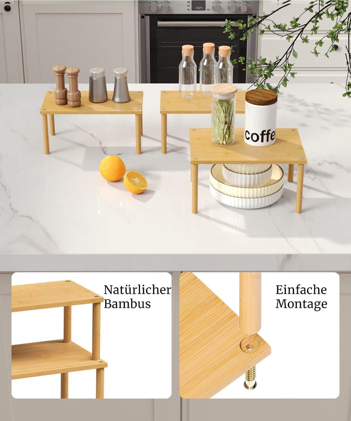 Fibogollo Bambus Schrank Organizer Ablage 3er Set, stapelbares Gewürzregal Mittel Natur Braun Mittel