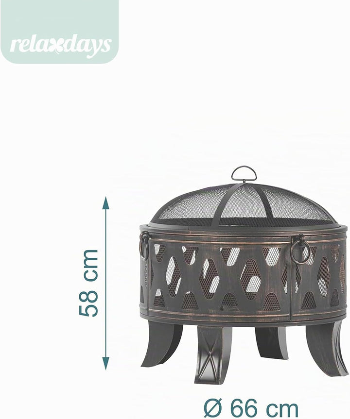 Relaxdays Feuerschale, Ø 66 cm, mit Grillrost, Funkenschutz &amp; Schürhaken, Feuerstelle Garten, Feuerk