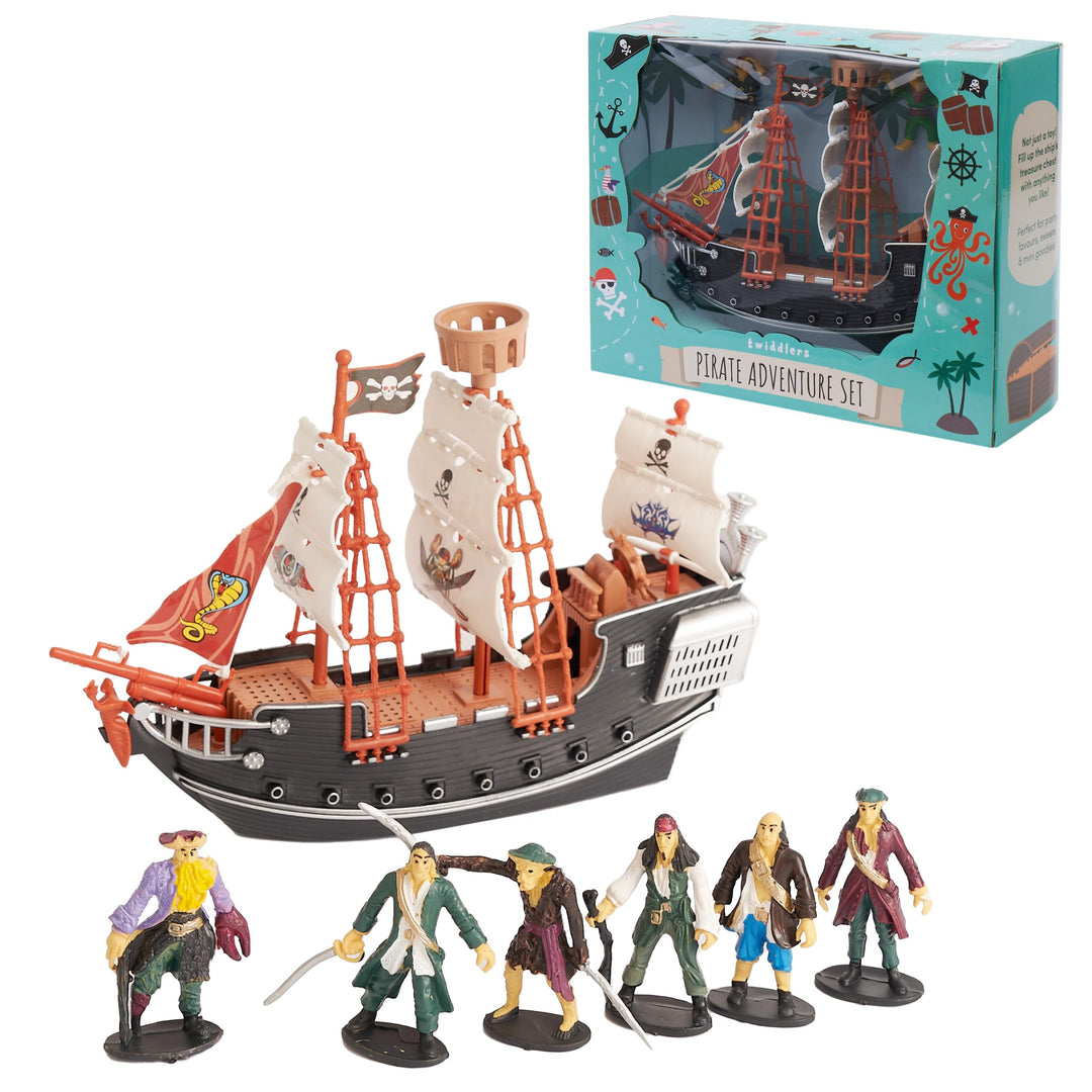 THE TWIDDLERS Piratenschiff (7cm Höhe, 27cm Länge) Spielzeug mit 6 Piratenfiguren (5cm Höhe) für Kin