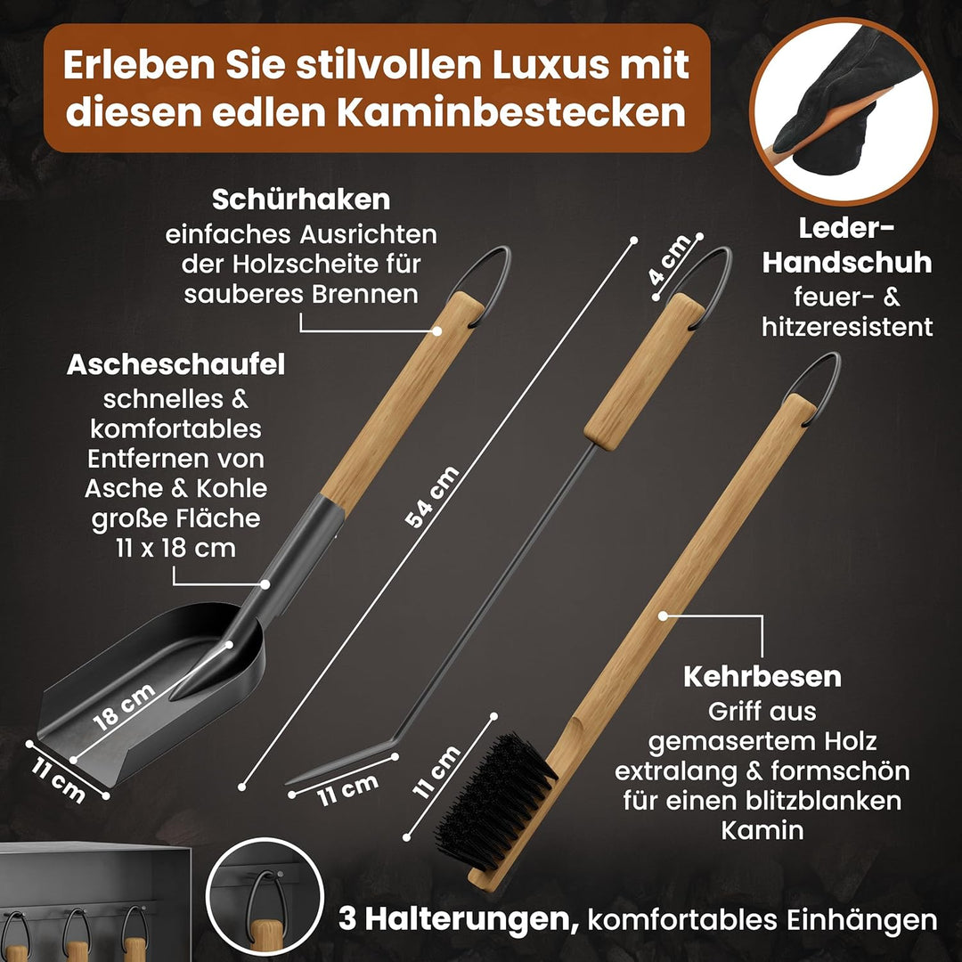 BLACK OAK Kaminbesteck ASPEN 4-teilig mit Lederhandschuh - praktisches & repräsentatives Ofenbesteck