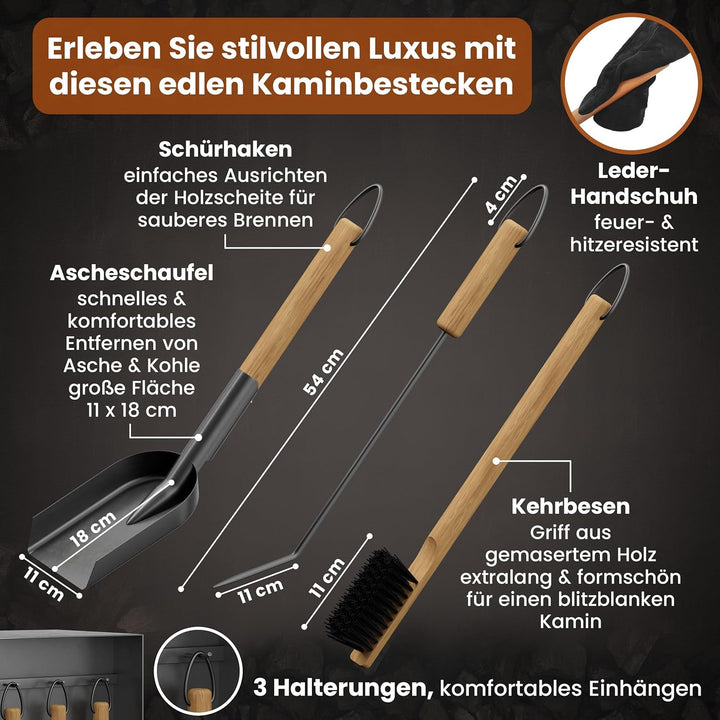 BLACK OAK Kaminbesteck ASPEN 4-teilig mit Lederhandschuh - praktisches & repräsentatives Ofenbesteck