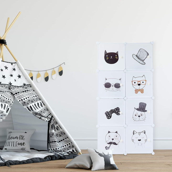 Relaxdays Steckregal Kinderzimmer, Katzen Motiv, 7 Fächer, Kleiderstange, Kleiderschrank HxBxT: 145