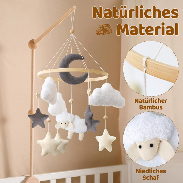 Schaf Mobile Baby Hölz Babybett Süsses Lämmchen Mobile Baby Windspiel mit Filzbällen Wolke und Stern