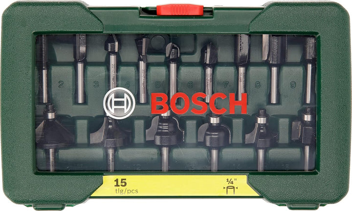 Bosch 15tlg. Hartmetall Fräser Set (für Holz, Ø-Schaft 1/4", Zubehör Oberfräse) 1/4"-Schaft 15 tlg.,