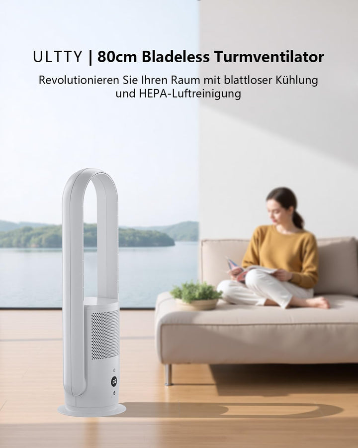 Ultty Rotorloser Ventilator mit Luftreiniger, Turmventilator Leise mit Fernbedienung, Touch, HEPA Fi