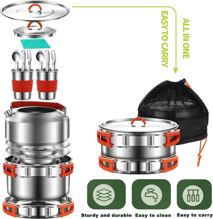 Camping Kochgeschirr Kit, 304 Edelstahl Camping Kochset, Camping Topf und Pfanne Set mit Wasserkoche