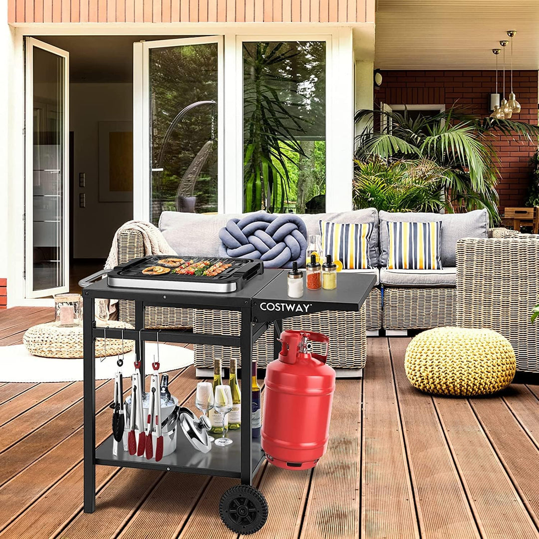 COSTWAY Grillwagen mit klappbarer Tischplatte, Beweglicher Campingtisch mit 2 Ablagen & 4 Haken, Met