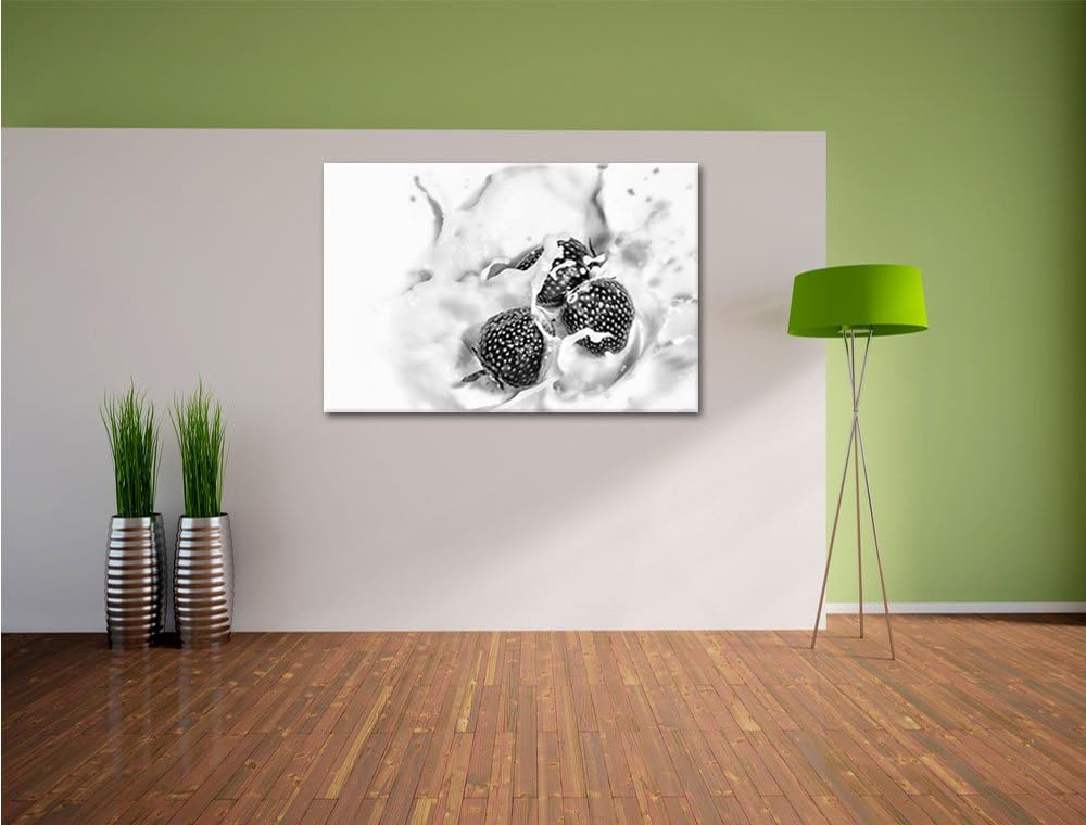 Pixxprint Monocrome, Erdbeeren in Milch Erdbeermilch, Format: 100x70 auf Leinwand, XXL riesige Bilde