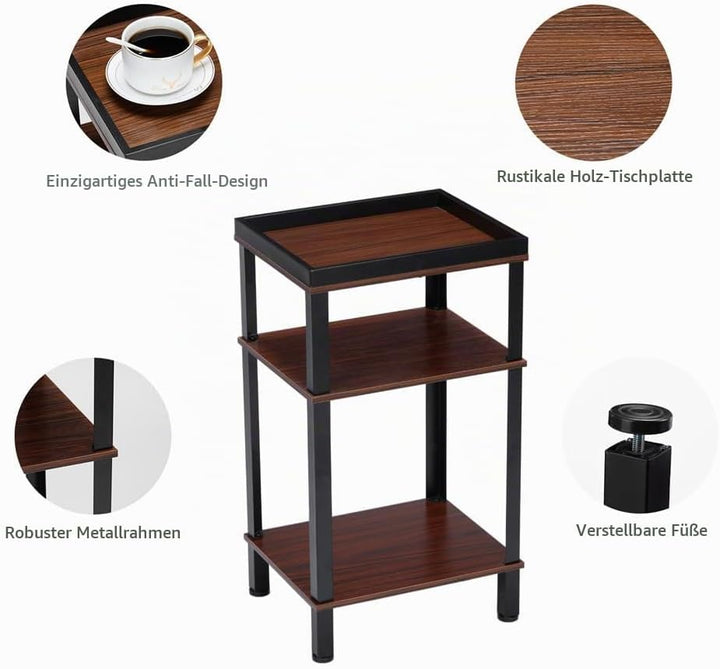 Beistelltisch Industrial Design, Nachttisch mit 3 Ebenen &amp; Hohem Rand, Kleiner Sofatisch Holzoptik D