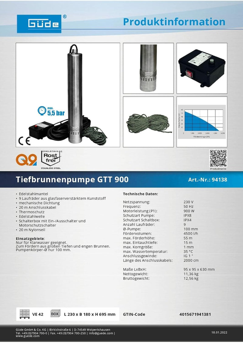 Güde Tiefbrunnenpumpe GTT 900 Gartenpumpe Pumpe Tauchpumpe Brunnenpumpe 94138