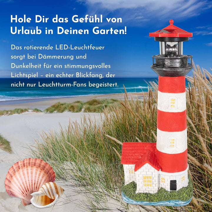 NATIV LEMODO Gartendeko Leuchtturm mit rotierendem Leuchtfeuer | Handbemalte Gartenfigur mit Solarle