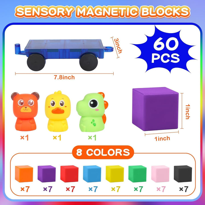 LONEEDY 60er-Pack magnetisches Bausteinset mit Tierfiguren und magnetischem Wagen – Magnetkonstrukti