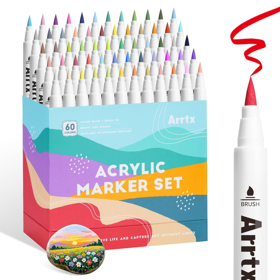 Arrtx 60 Farben Acrylstifte, Acrylmarker für Steine Wasserfest, Graffiti Acrylmalstifte Pinsel Spitz