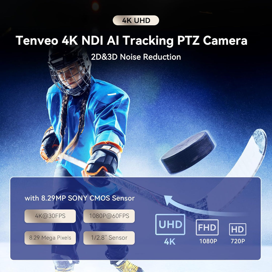 Tenveo 4K NDI PTZ‑Kamera: KI‑Tracking (Person/Gesicht), Gestensteuerung, 20x Opt. + 8X dig. Zoom, Li