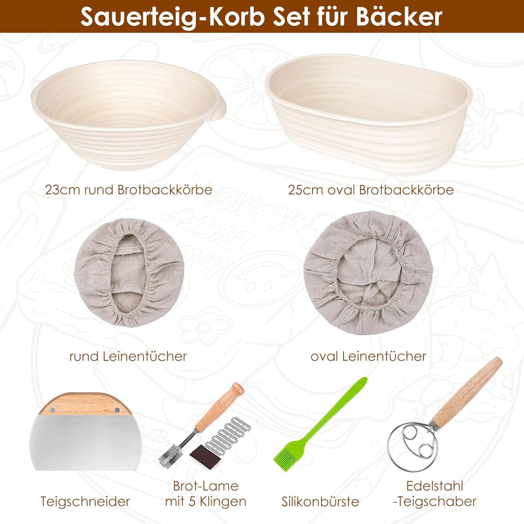 Gärkörbchen Gärkorb Set 25 cm Runde & 23cm Oval,Brot Backen Zubehör,Brot Gärkorb mit 5 Bäckermesser,