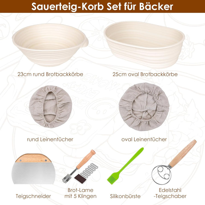 Gärkörbchen Gärkorb Set 25 cm Runde & 23cm Oval,Brot Backen Zubehör,Brot Gärkorb mit 5 Bäckermesser,