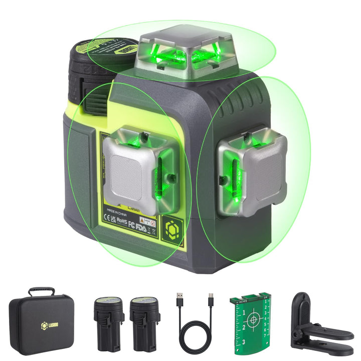 LasGoo 3D-RS12 Laser-Nivelliergerät: 3x360° grüner Strahl, selbstnivellierend, ideal für Bau und Bil