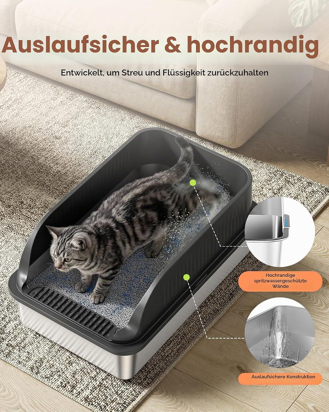2er Set Katzenklo Edelstahl, Katzentoilette Gross XXL mit Schaufel, Katzenklo mit Abnehmbares Hoher