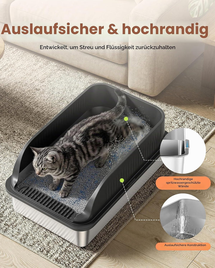 2er Set Katzenklo Edelstahl, Katzentoilette Gross XXL mit Schaufel, Katzenklo mit Abnehmbares Hoher