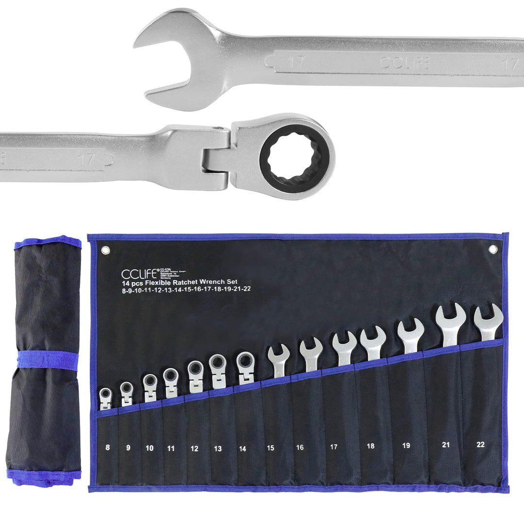 CCLIFE 14tlg Gelenk Ratschenschlüssel Set 8-22mm Flexibles Ratschen Ring Maulschlüssel Set | Cr-V |