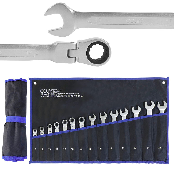 CCLIFE 14tlg Gelenk Ratschenschlüssel Set 8-22mm Flexibles Ratschen Ring Maulschlüssel Set | Cr-V |