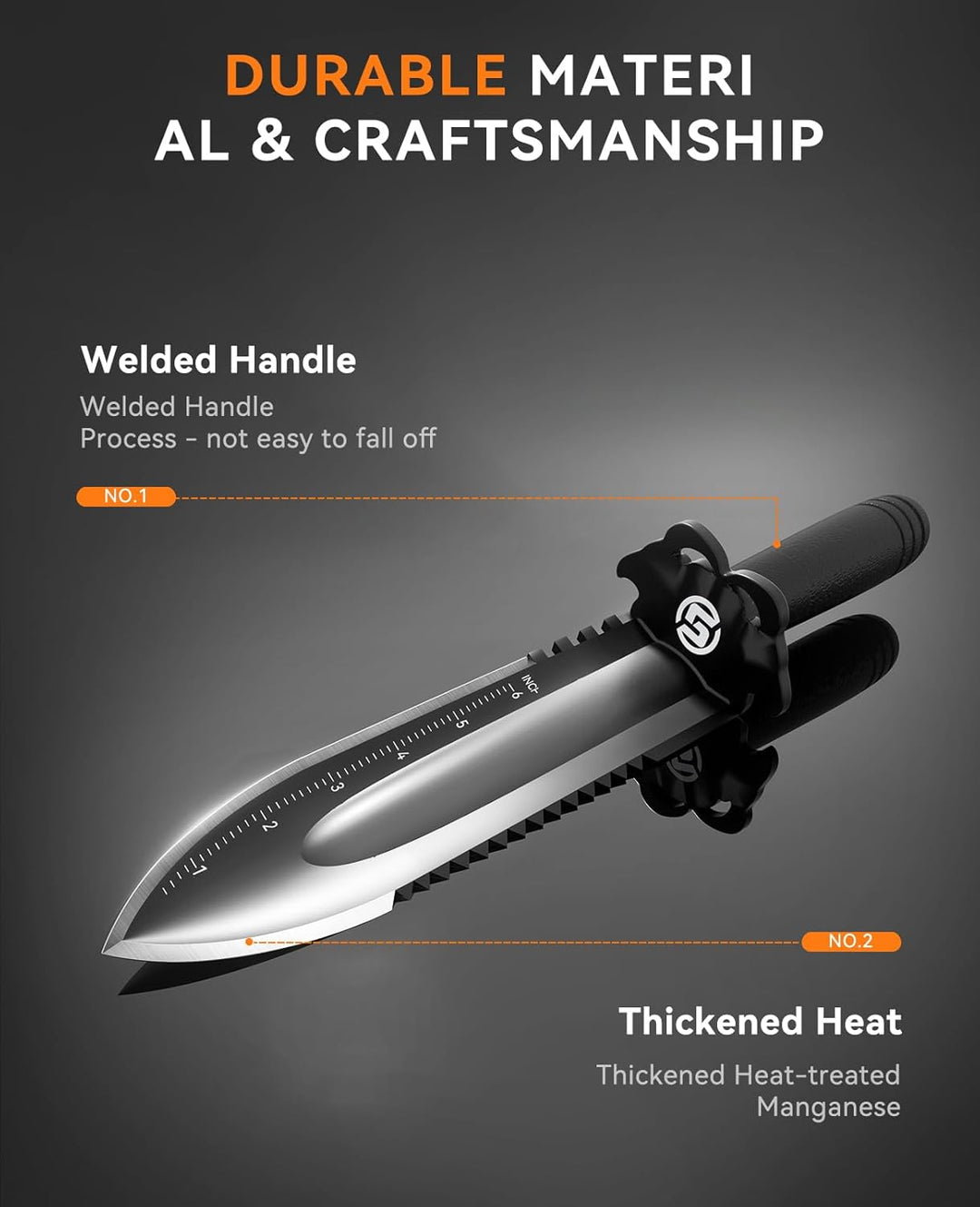 SUNPOW Robuste Gartenschaufel mit Tragescheide – Kleiner Spaten mit Doppelter Gezackter Kante, Grabu