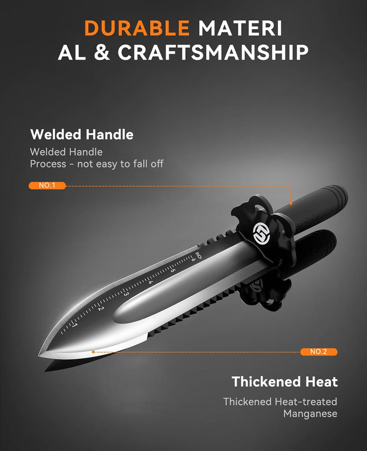 SUNPOW Robuste Gartenschaufel mit Tragescheide – Kleiner Spaten mit Doppelter Gezackter Kante, Grabu