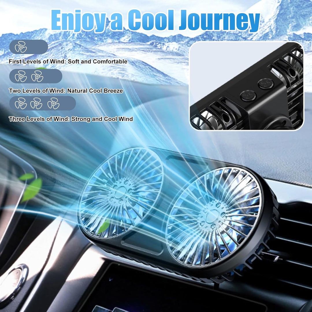 Auto Ventilator USB, Doppelköpfiger Ventilator Auto, Autoventilator mit 3 Geschwindigkeiten und Bunt