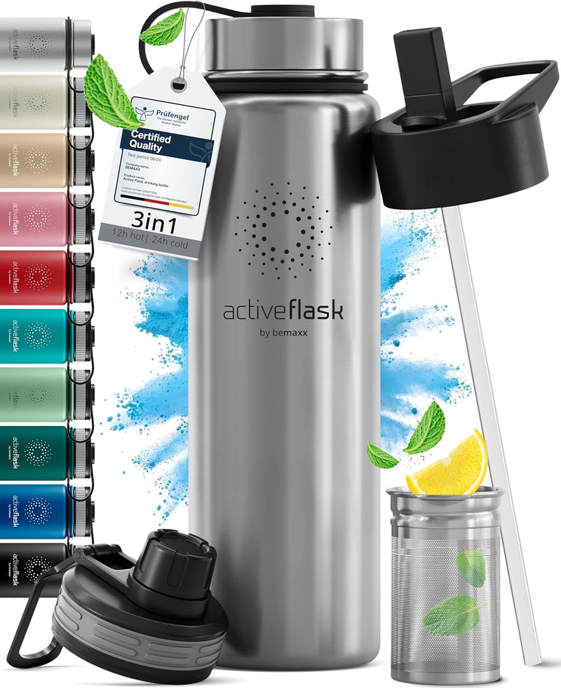 Trinkflasche Edelstahl ACTIVE FLASK + Strohhalm (3 Deckel) BPA-frei, Auslaufsicher, Kohlensäure geei