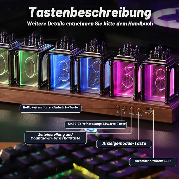 Nixie Tube Clock, RGB LED Röhrenuhr, LED Nixie Uhr, 12/24-Stunden-Anzeige, einstellbare Helligkeit u