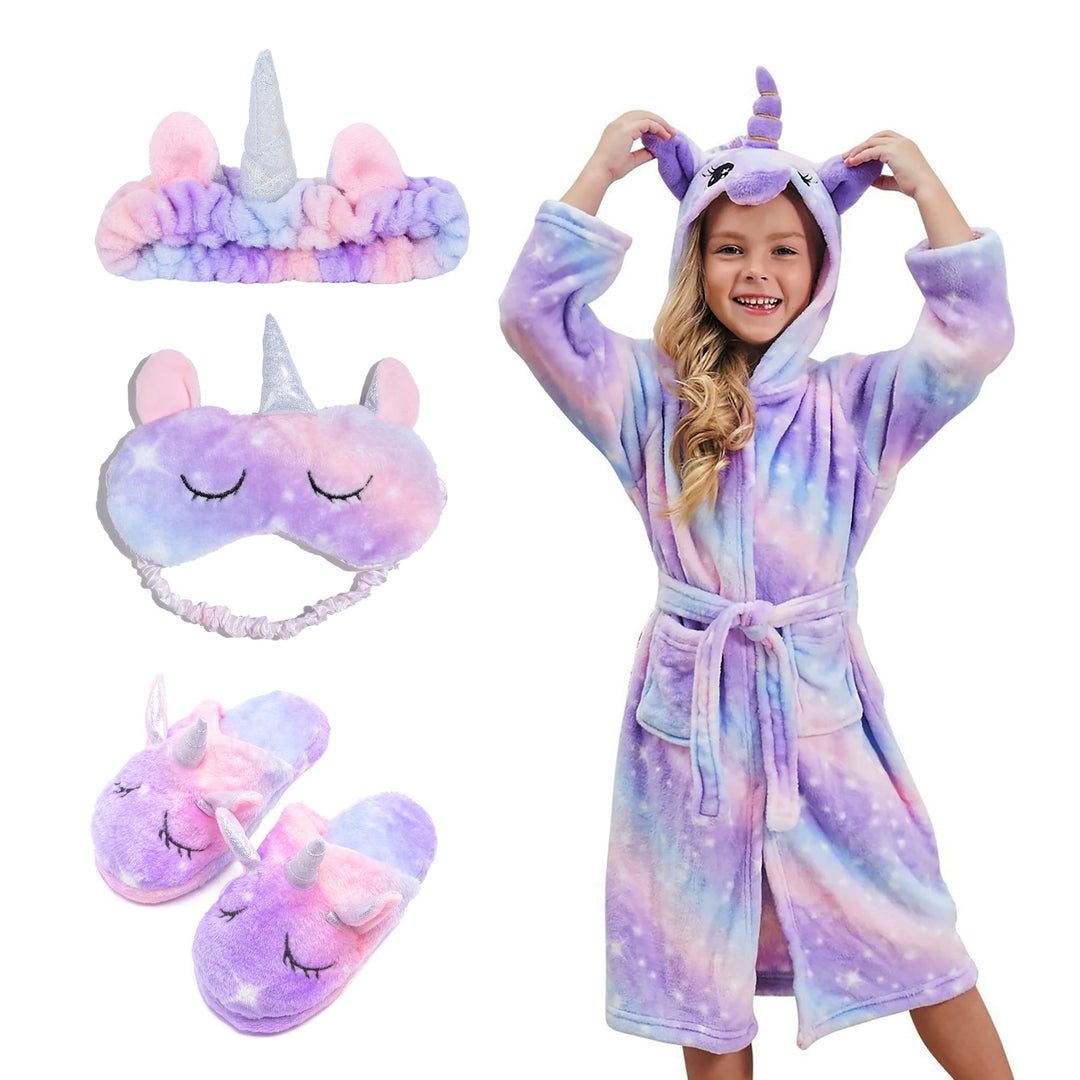 Piefry Weicher Einhorn-Bademantel mit Kapuze für Mädchen mit Einhorn-Pantoffeln, Augenbinde und Stir