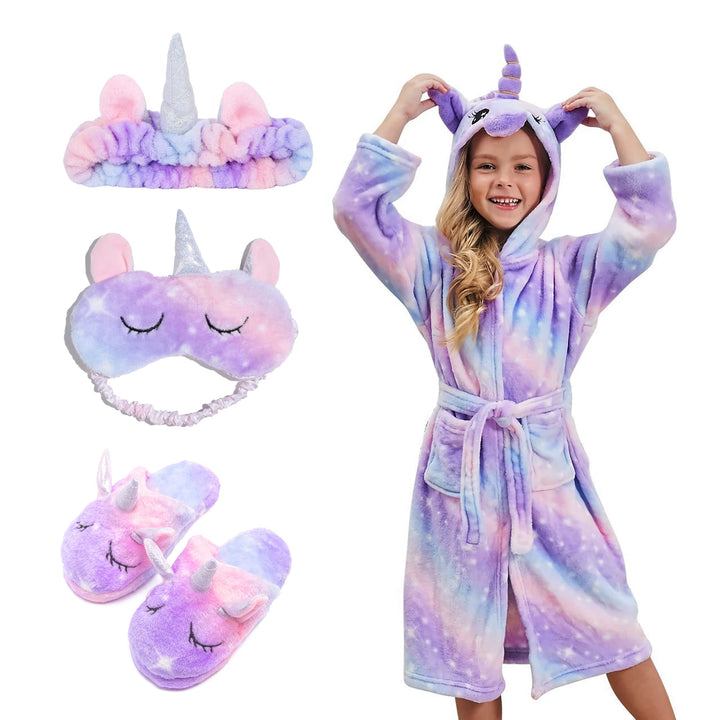 Piefry Weicher Einhorn-Bademantel mit Kapuze für Mädchen mit Einhorn-Pantoffeln, Augenbinde und Stir