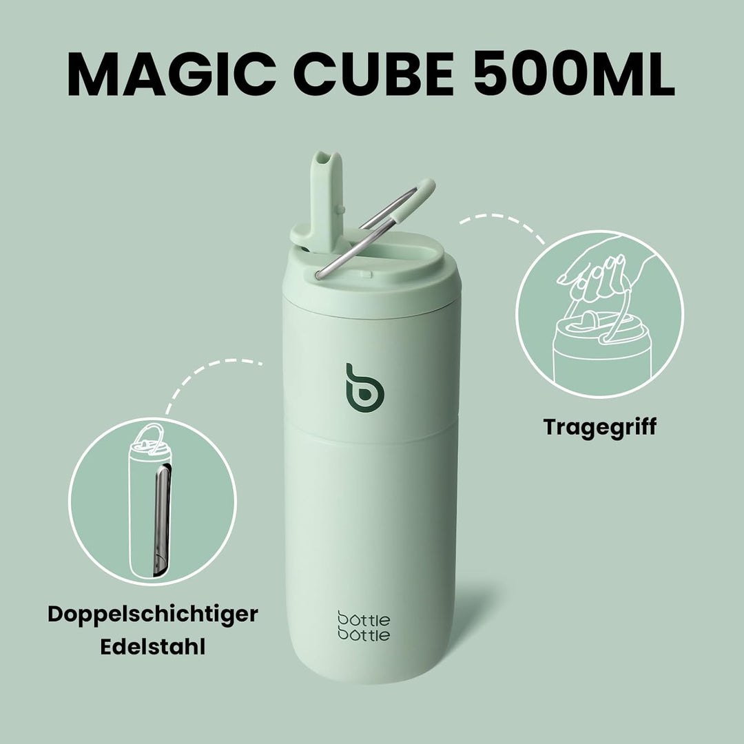 bottlebottle Edelstahl Trinkflasche mit Strohhalm 500ml, auslaufsichere Sportwasserflasche, ideal fü