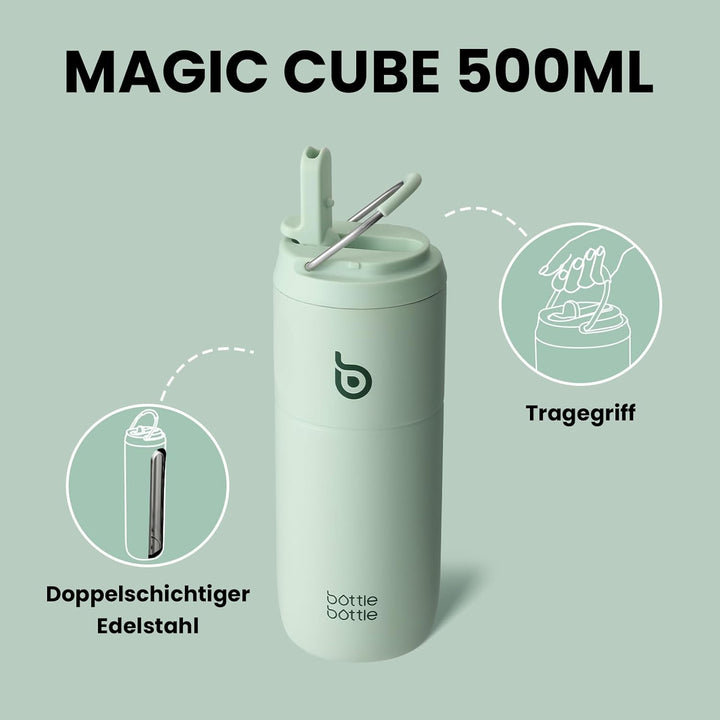 bottlebottle Edelstahl Trinkflasche mit Strohhalm 500ml, auslaufsichere Sportwasserflasche, ideal fü