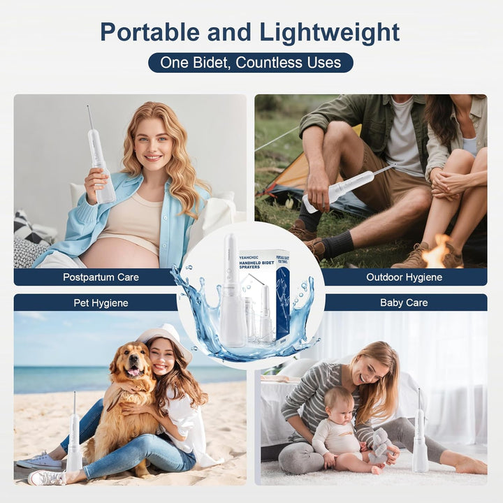 Tragbares Bidet für Reisen - USB-C Wiederaufladbar, 3 Modi, 400 ml, Wasserdichter Sprüher + 2 Düsen