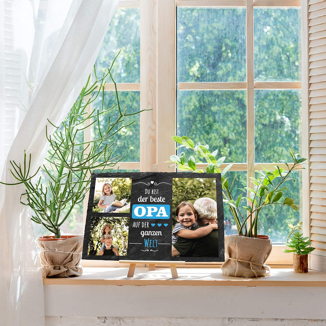 wandmotiv24 Schiefertafel Bester Opa mit Holz-Staffelei, Personalisiert mit 3 Farb-Fotos, Digitaldru
