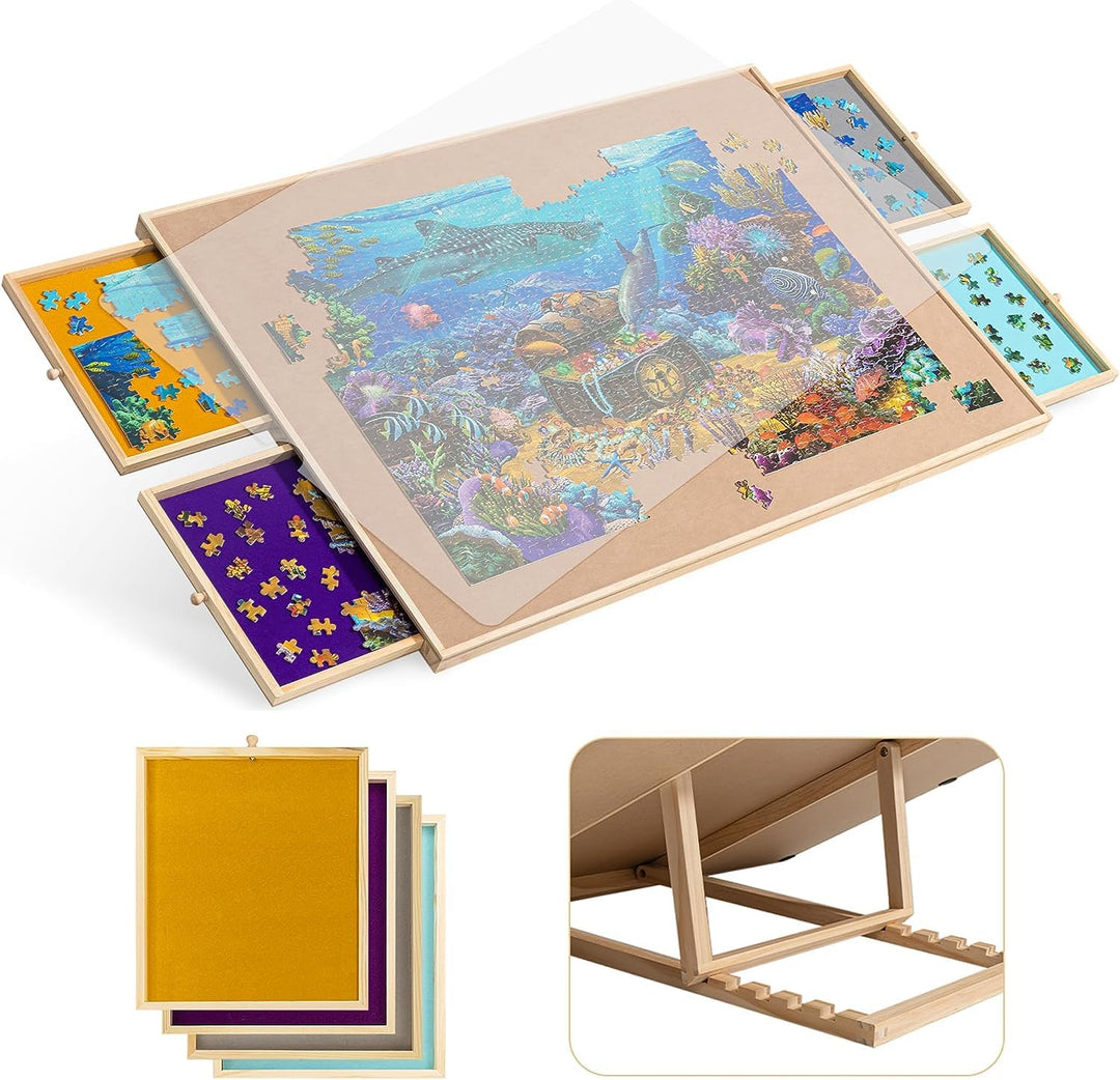 Becko US Puzzle Board with Adjustable Bracket & 4 Puzzle Drawers Square Puzzle Table with Non-Slip S