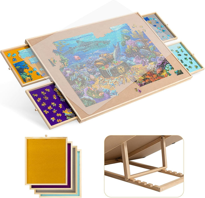Becko US Puzzle Board with Adjustable Bracket & 4 Puzzle Drawers Square Puzzle Table with Non-Slip S