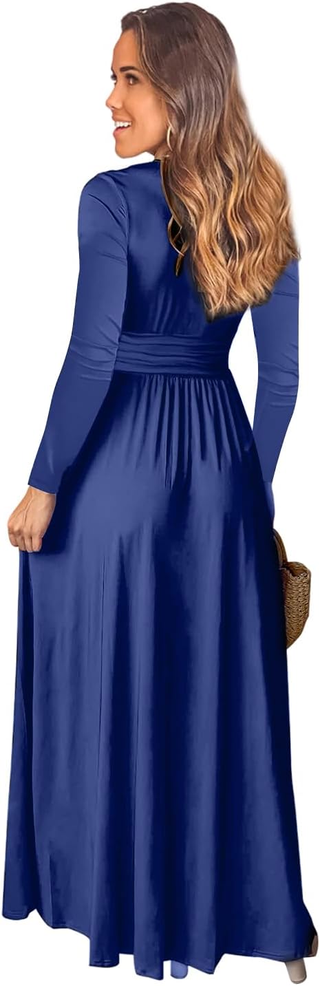 JENJON Damen Kleid 2.0 Elegant Langarm V-Ausschnit Tunika Maxikleider Casual Hohe Taille Saumschlitz