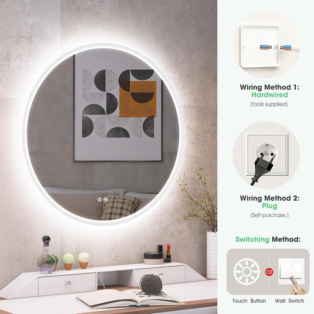 S'bagno Runder-Badspiegel-mit-Beleuchtung-80cm, Badezimmer-Spiegel-mit-Beleuchtung und Entfoggen, 30