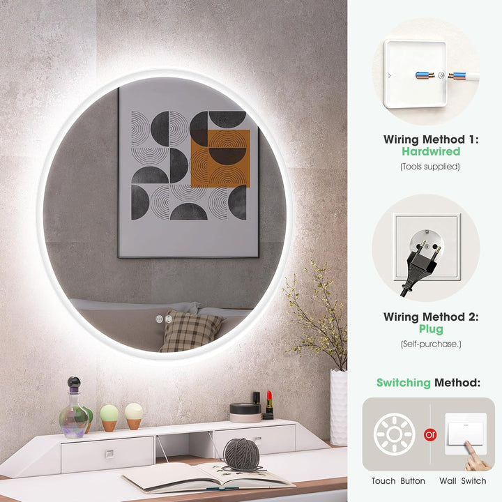 S'bagno Runder-Badspiegel-mit-Beleuchtung-80cm, Badezimmer-Spiegel-mit-Beleuchtung und Entfoggen, 30