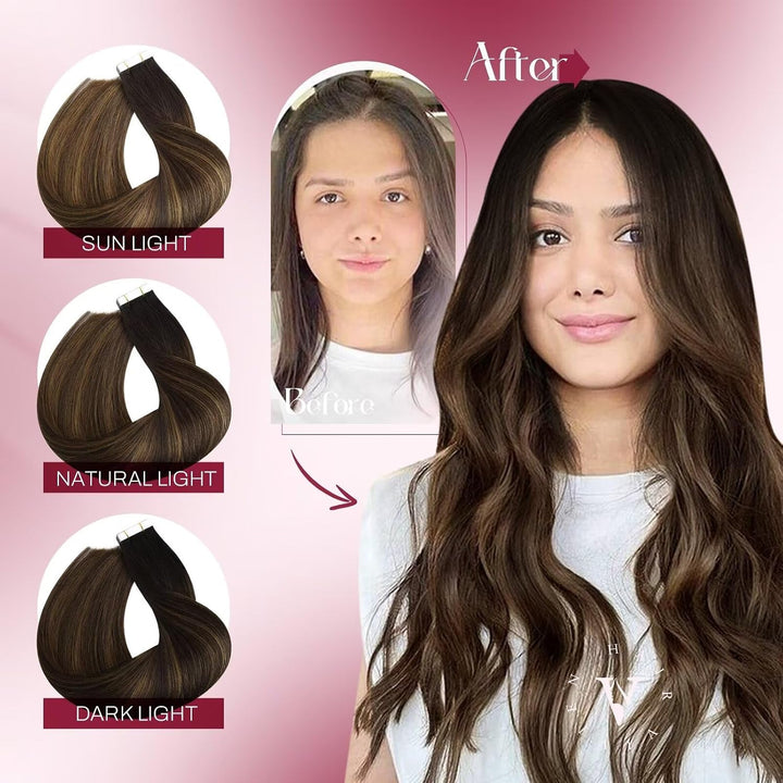 Vivien Extensions Echthaar Tape Braun Balayage 60cm Echthaar Extensions Tape in Dunkelbraun bis Hell
