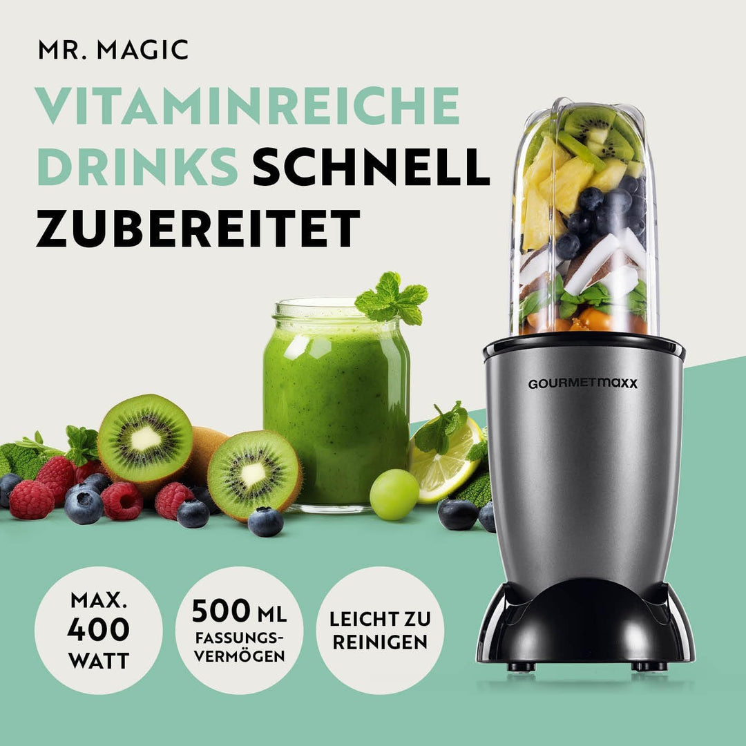 GOURMETmaxx Mr. Magic Power Pro Mixer 400 Watt | Smoothie Maker mit to go Deckel | Standmixer mit Mi