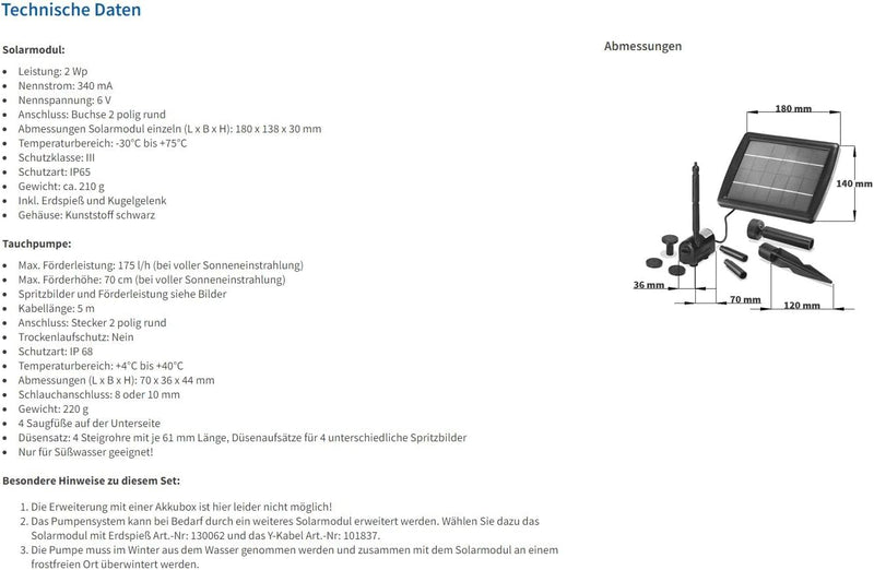 Solar Teichpumpe 2 Watt Solarmodul 175 l/h Förderleistung 70 cm Förderhöhe Komplettset Gartenteich,