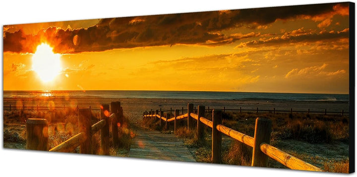 Paul Sinus Art Panoramabild auf Leinwand und Keilrahmen 150x50cm Strand Dünen Steg Meer Sonnenunterg