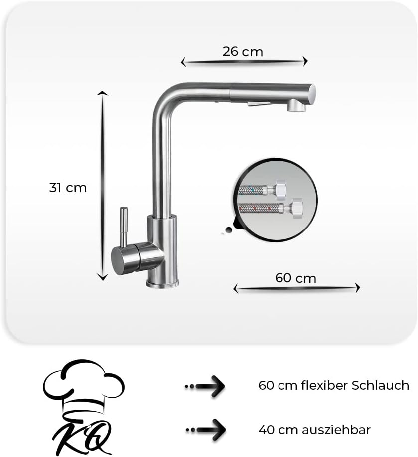 KitchenQuality Küchenarmatur | Ausziehbare Brause | 360° Grad schwenkbar | Gebürsteter Edelstahl | V