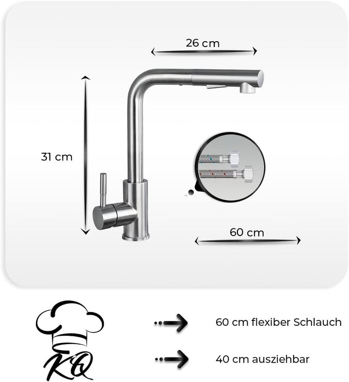KitchenQuality Küchenarmatur | Ausziehbare Brause | 360° Grad schwenkbar | Gebürsteter Edelstahl | V