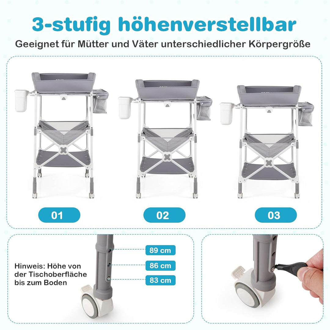 COSTWAY 5 in 1 Wickelkommode, Wickeltisch klappbar, Wickelstation höhenverstellbar mit Seitenkorb, R