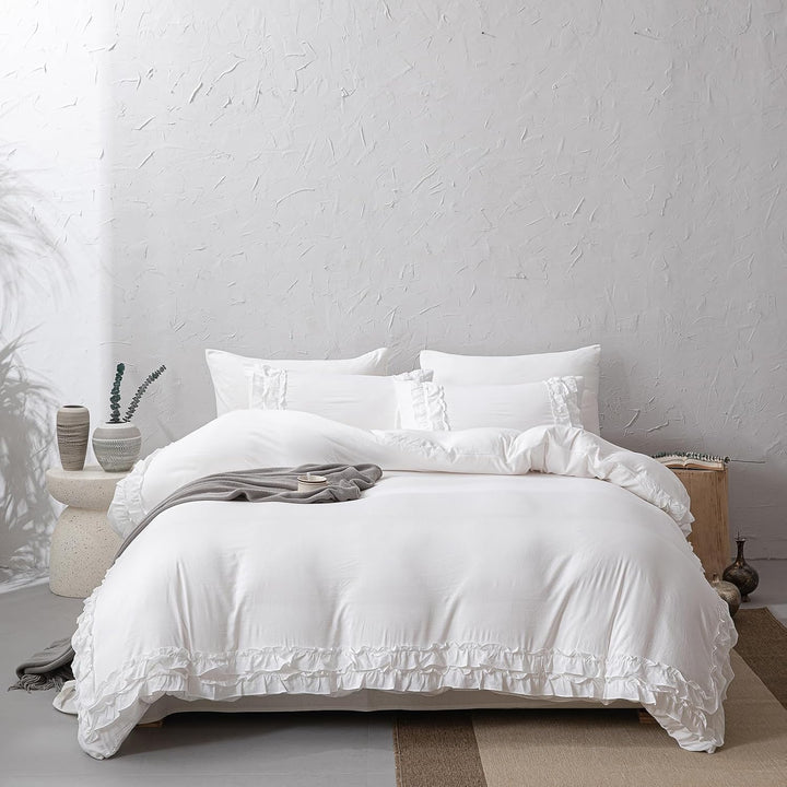 Herside Weiss Rüsche Bettwäsche 240x220 cm Böho Bettwäsche Sets 2-Schicht Weiss Rüschen Design Weich